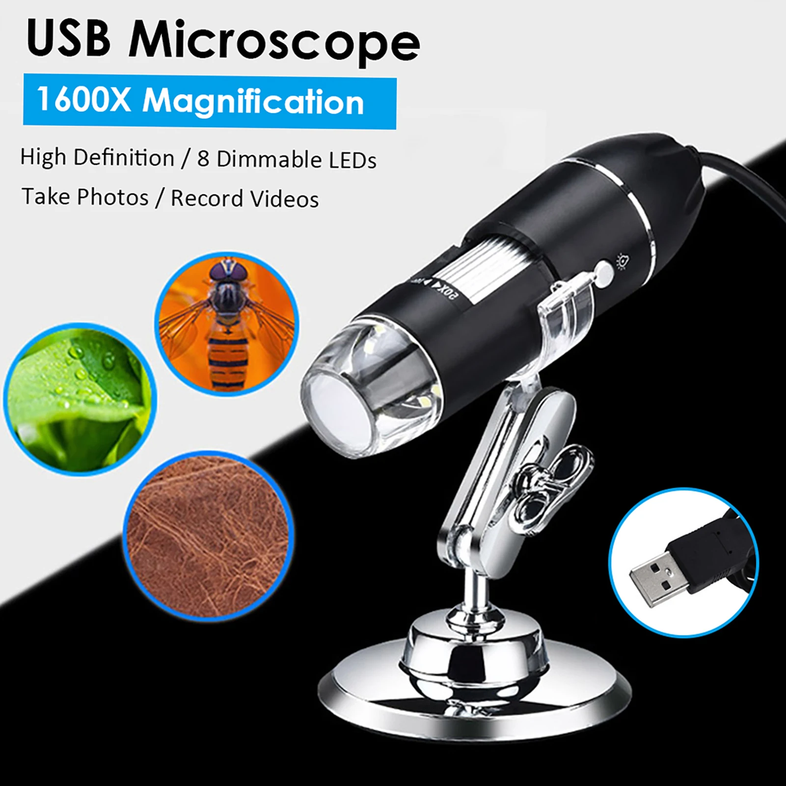 Microscopio digitale USB portatile con ingrandimento 1600X Fotocamera 8 LED con supporto compatibile con Android Windows/XP Win 7
