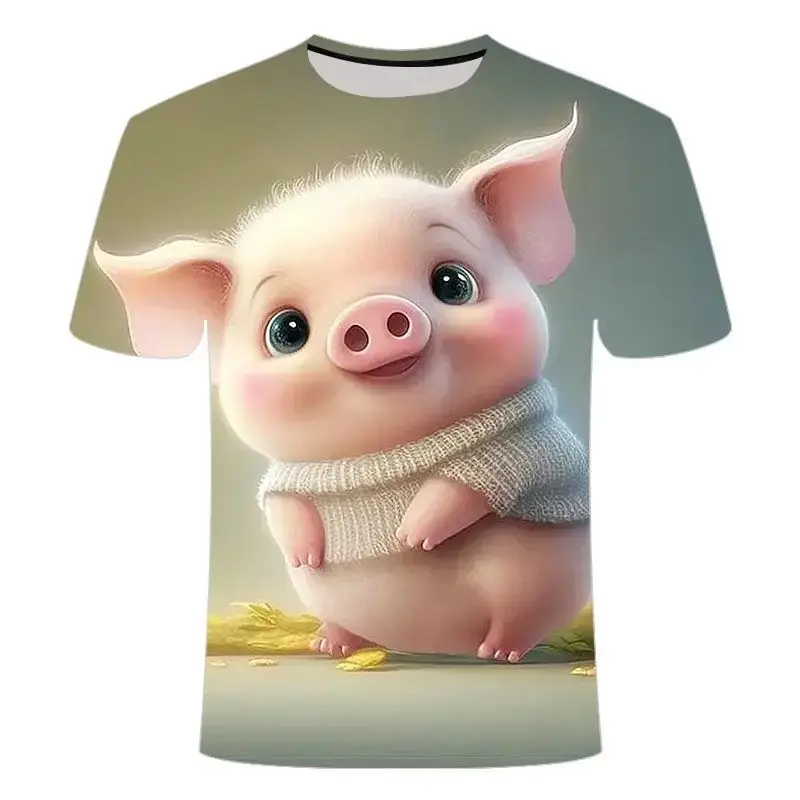 Men's Summer Super Cute Piggy Pattern Fun T-Shirt Hd 3d Printing Personality Casual Large Size Round Neck Short Sleeve Top