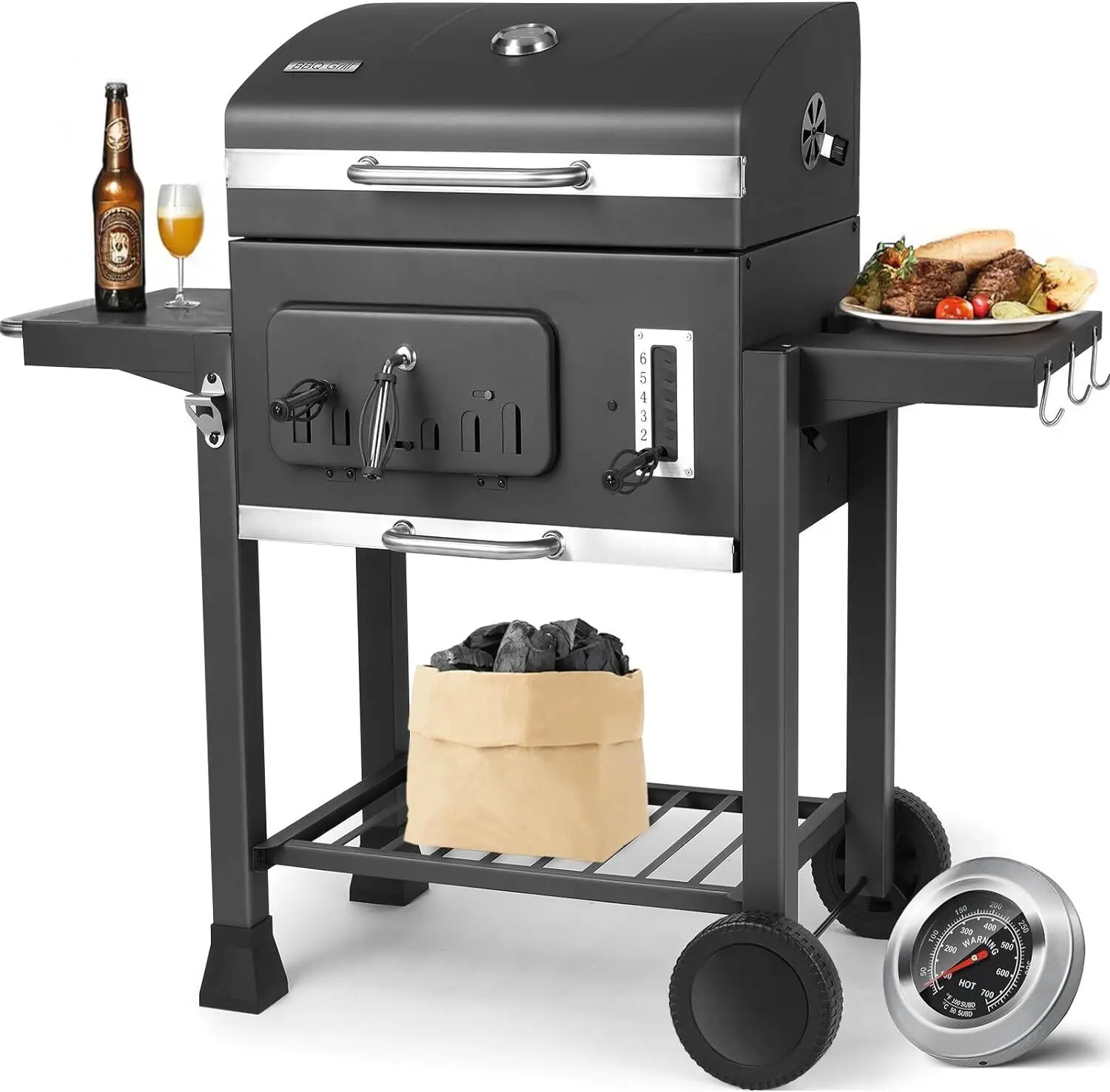 Grote houtskoolbarbecue met extra groot kookoppervlak, buitenbarbecue met opklapbare houtskoolbakken en 2 zijtafels, wielen
