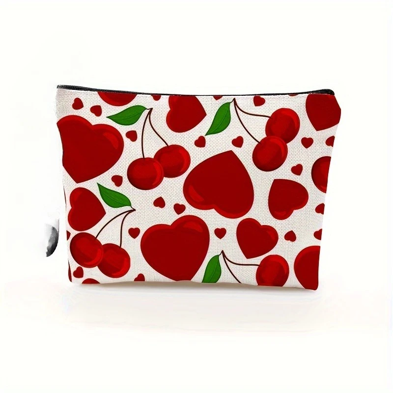 Valentine'S Day Makeup Bag, Heart & Fruit Design, Polyester, Zippered Cosmetic Pouch for Holiday Outdoor Travel & Daily Use