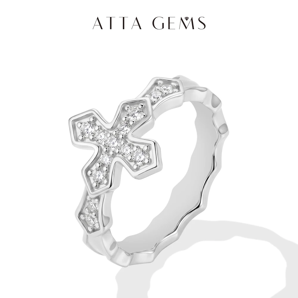 ATTAGEMS Cross Moissanite Rings Copper Material Wavy Band Faith Ring Religious Jewelry Lucky Birthday Gift for Women Certificate
