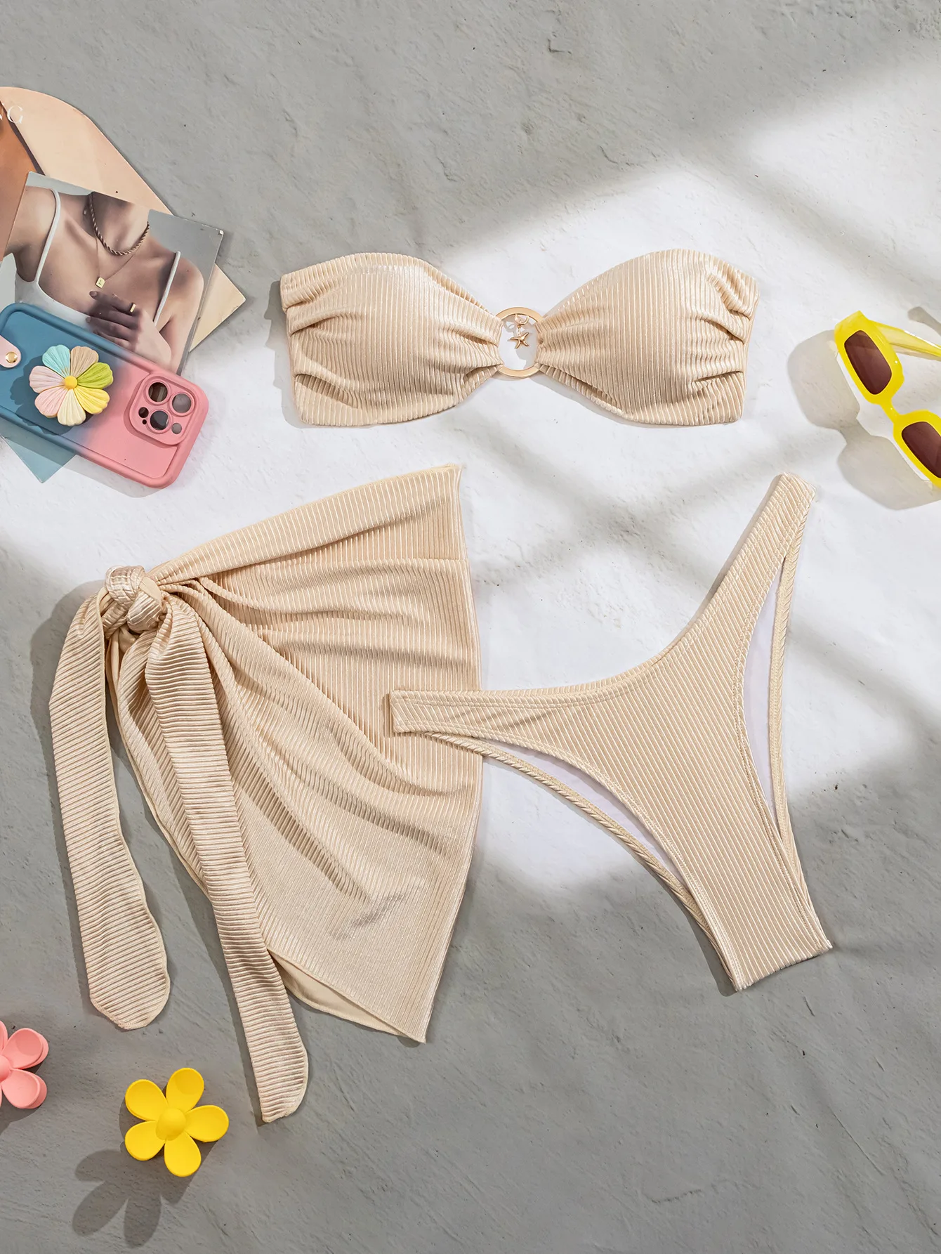 

sexy plain bandeau bikinis sets 3pcs with cover skirt metal star ring swimwear bathing suit beach outfits swimsuits biquini