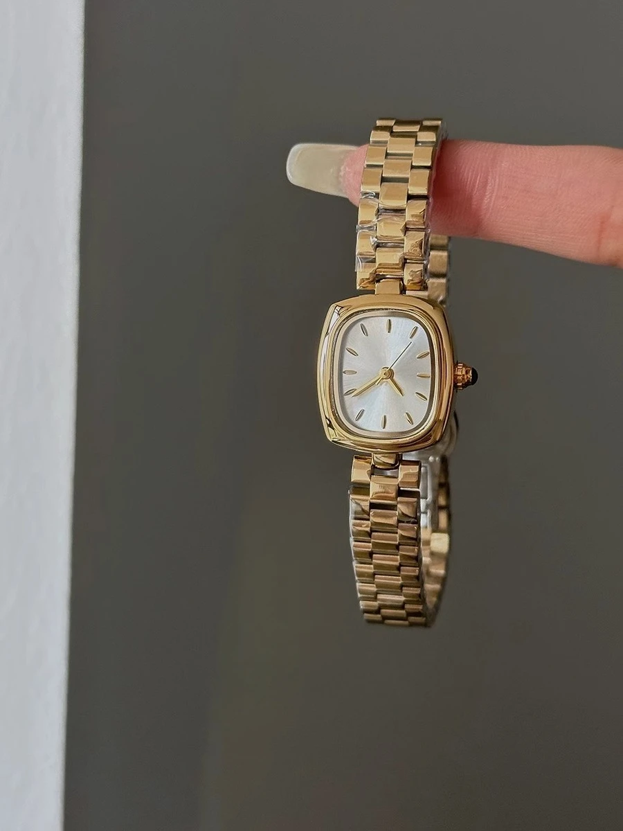 Modern brown small gold watch, retro lady, niche light luxury high-end square steel belt, quartz watch woman