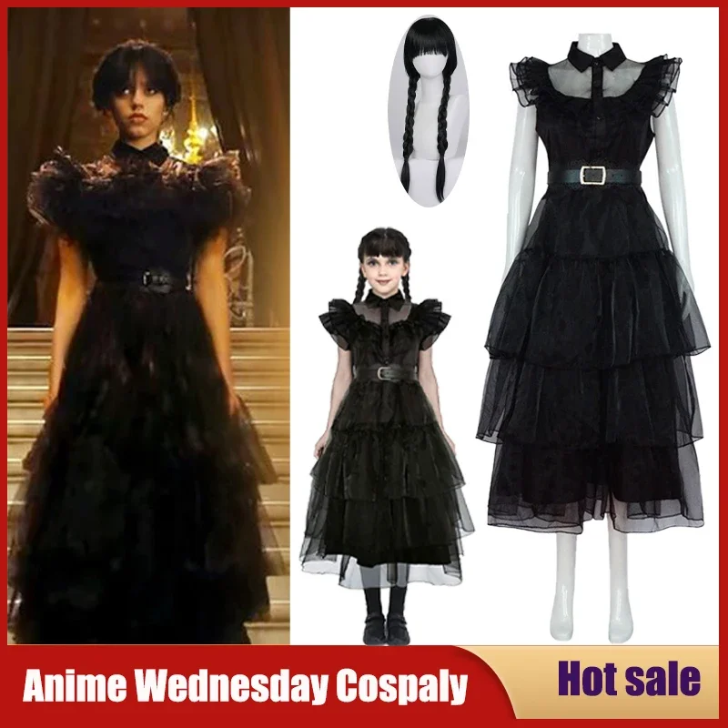 

Movie Wednesday Cosplay Addams Costume New Vestidos For Girl Kids Halloween Carnival Party Black Gothic Dresses Women Clothes