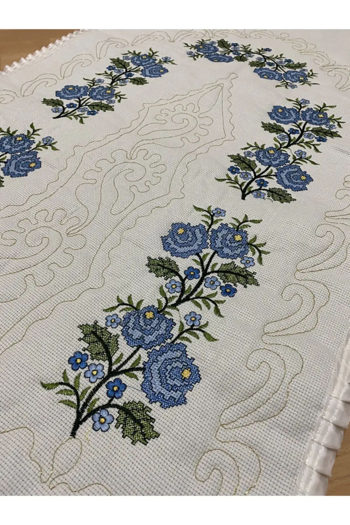 Dovi dowry 100 cotton linen embroidered embroidered embroidered cotton linen cream * blue Seccade Meditation Rug