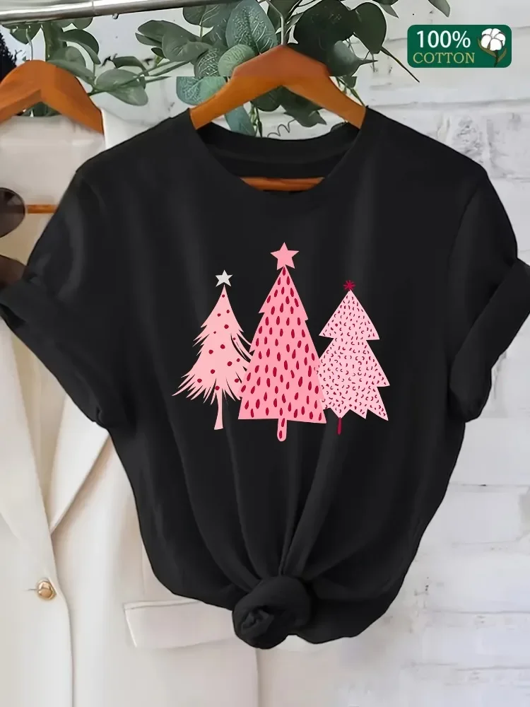 المرأة عارضة طاقم الرقبة تي شيرت هندسي الوردي شجرة عيد الميلاد نمط قصيرة الأكمام مريحة عيد الميلاد ارتداء لعوب السترة #3