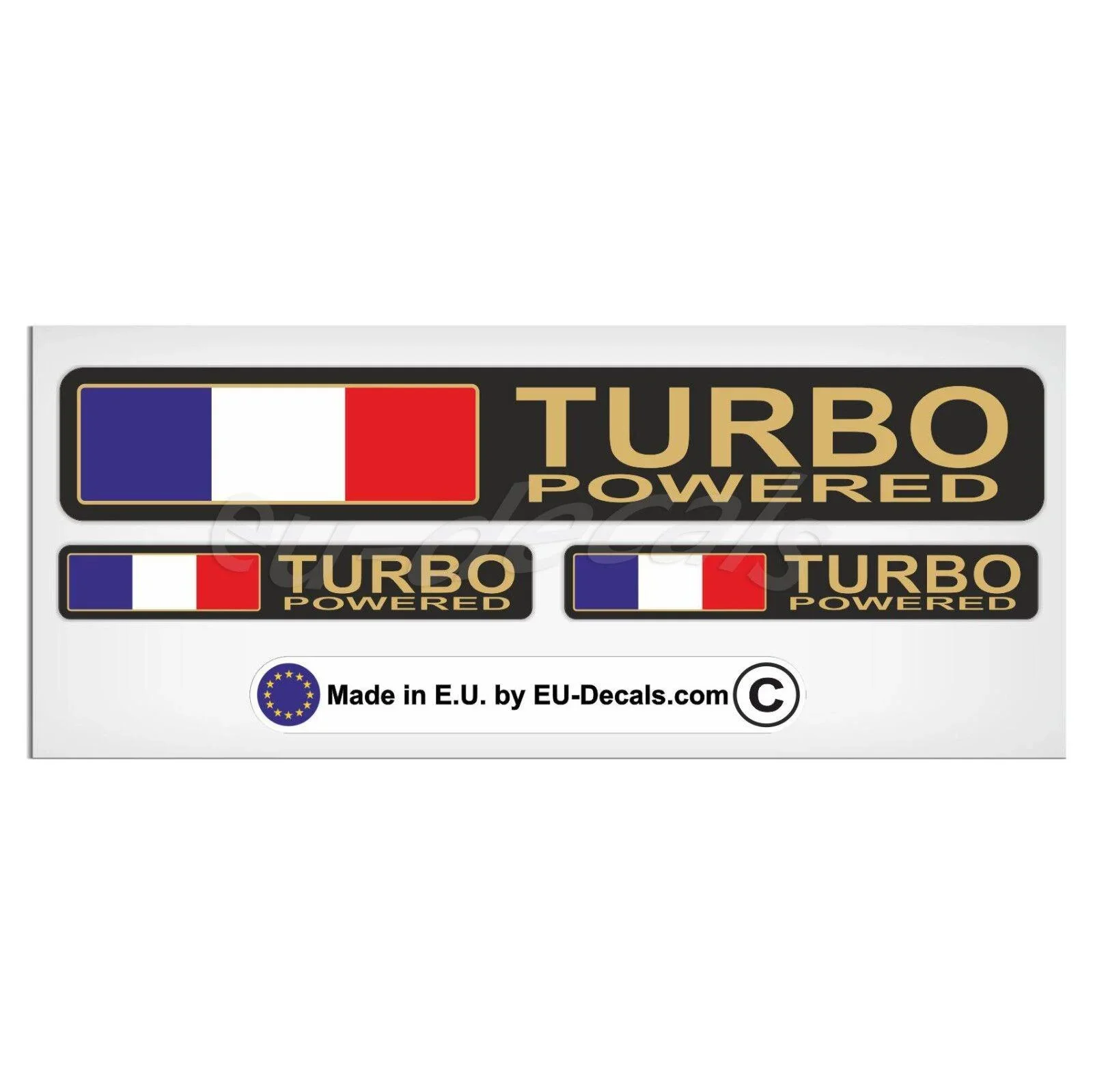 

For Set Turbo Powered France flag & Gold letters Laminated Decal Sticker Peugeot