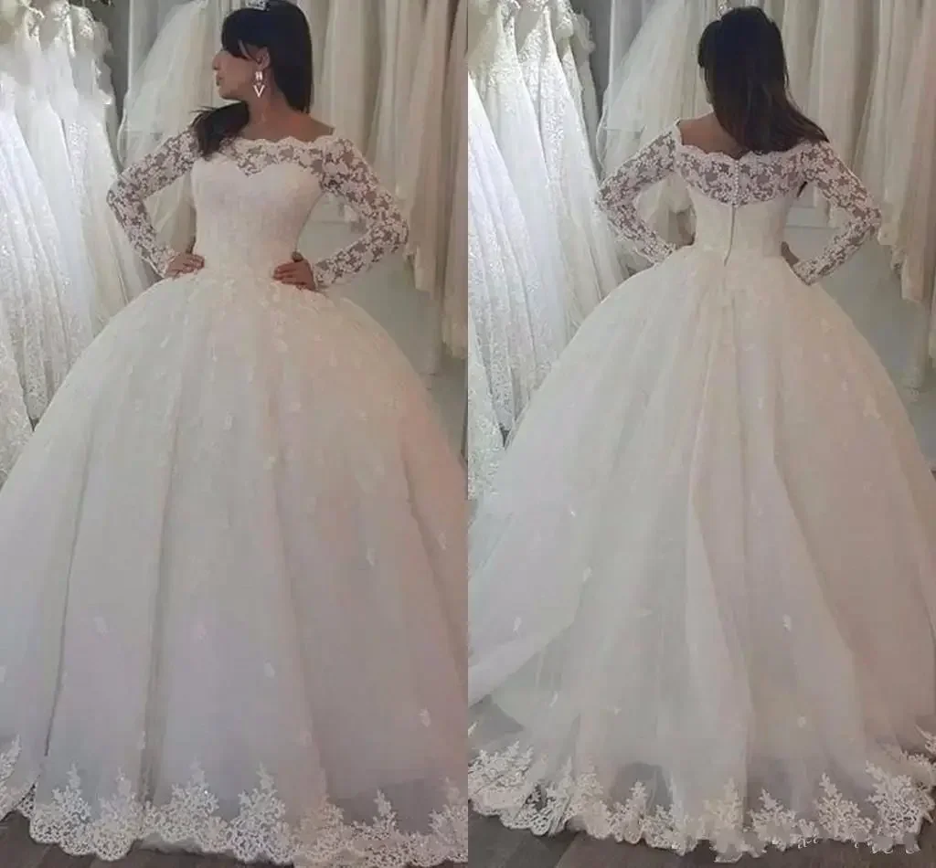 Vestidos de novia africanos de encaje clásico personalizados, vestidos de novia blancos de talla grande hasta el suelo de manga larga para jardín y campo