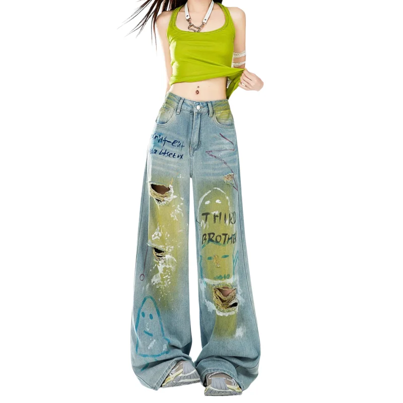 2026 Summer New Dopamine Graffiti Ripped Jeans For Women American Vintage Baggy Wide Leg Pants 6