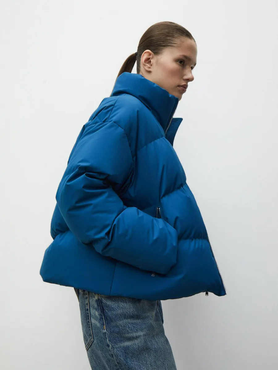 Jaqueta chique de pato de rua alta feminina, casaco curto soprador, gola de inverno, bread parkas