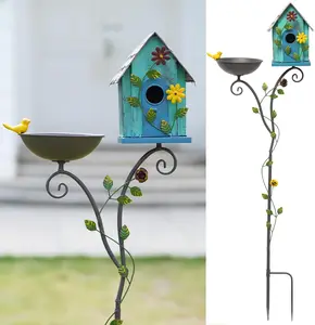 52" Metal Bird Bath and House Set with Pole for Outdoor Garden Yard Decoration and Bird Feeding
