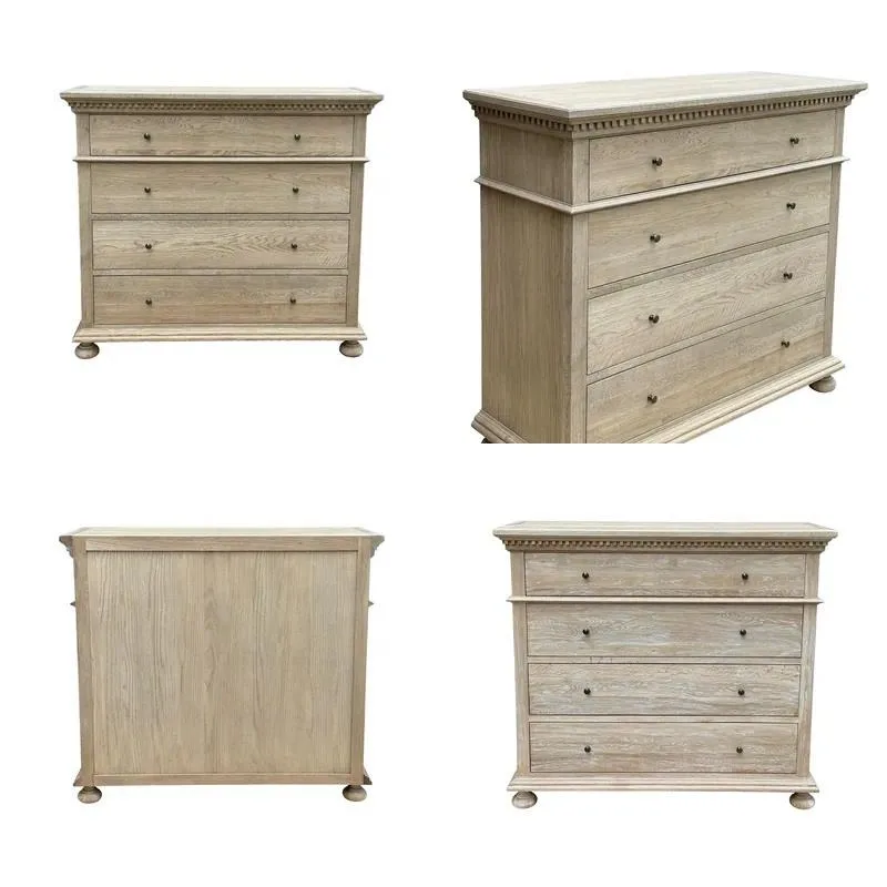 Antique French Style Solid Wood Living Room Cabinet Large 4 Drawer Locker Classic Furniture