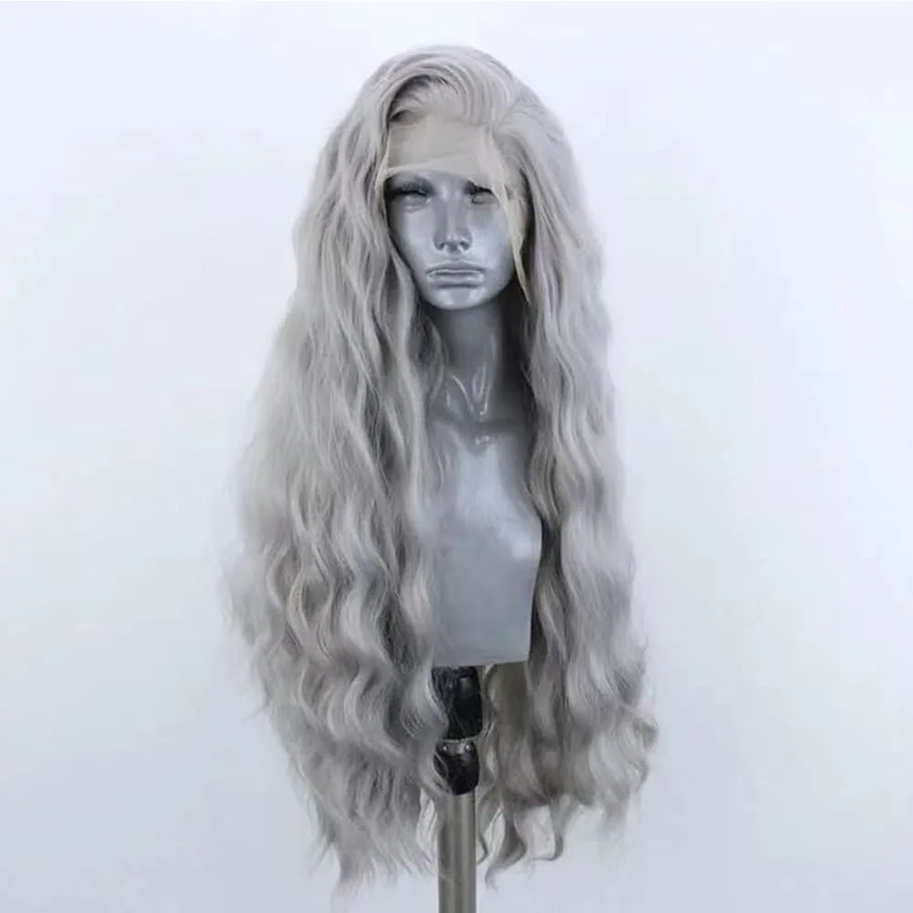 Серебристо-серый/блонд/розовый парик 30-дюймовый средний парик с объемной волной, кружевной фронтальный парик, натуральная линия волос, синтетический термостойкий для женщин