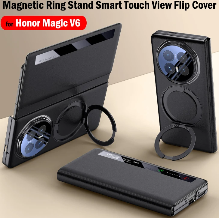 

Smart Touch View Flip Leather Cover for Honor Magic V6 Case Rotate Magnetic ring Kickstand Funda Support Wireless Charing capa
