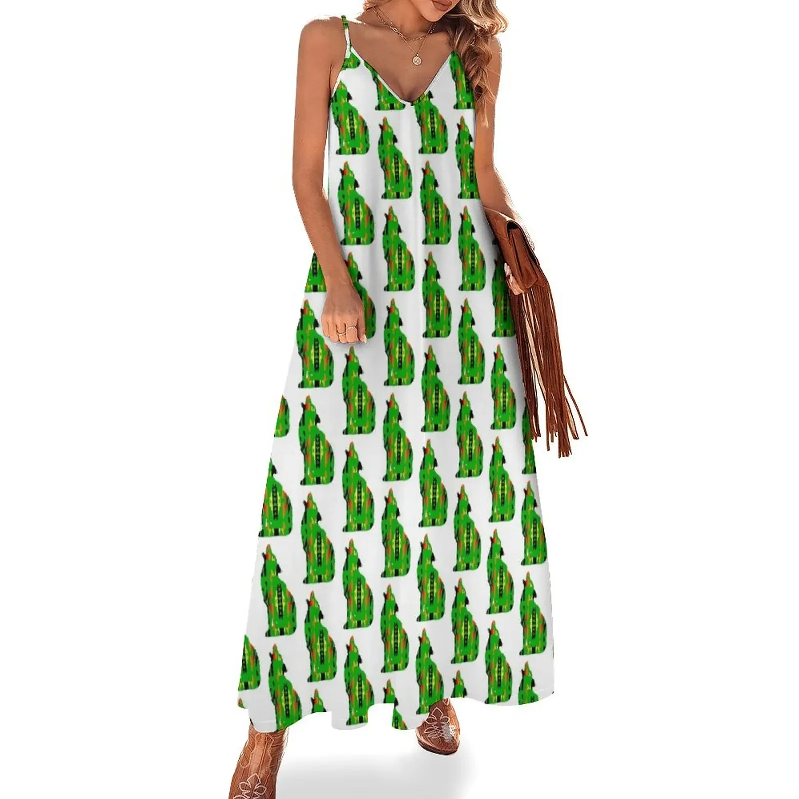 

Green / Fire Colors / Black Native Print Wolf Sleeveless Dress clothing women summer 2025 summer dress daily