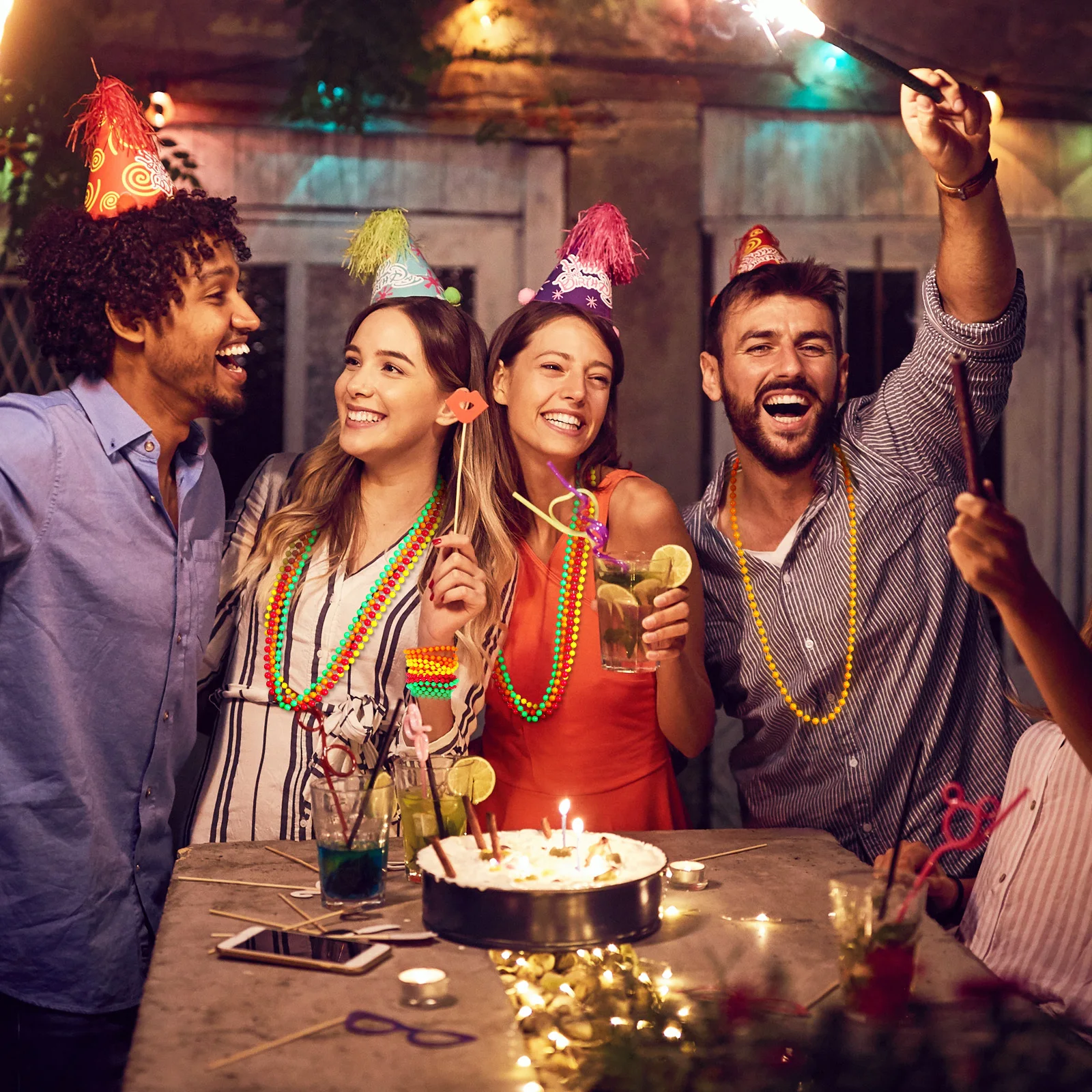 

48 pcs Retro Party Necklaces Neon Bead Necklace For Women Glow Party Accessories Carnival Jewelry 80S Costume Decor Multicolor