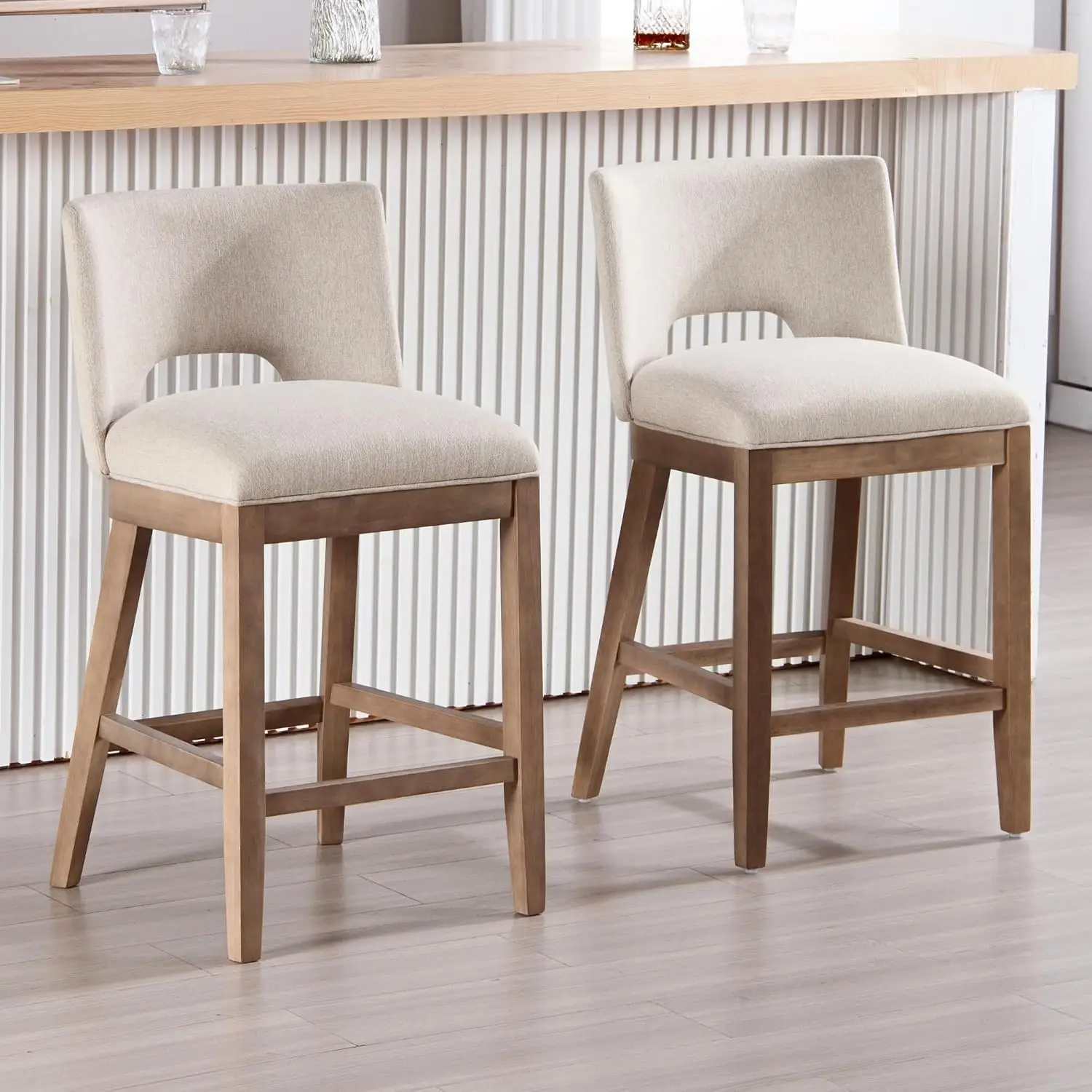 Armless Padded Bar Stools Set of 2 with Back Upholstered Linen Fabric for Kitchen Counter & Bar Island 26