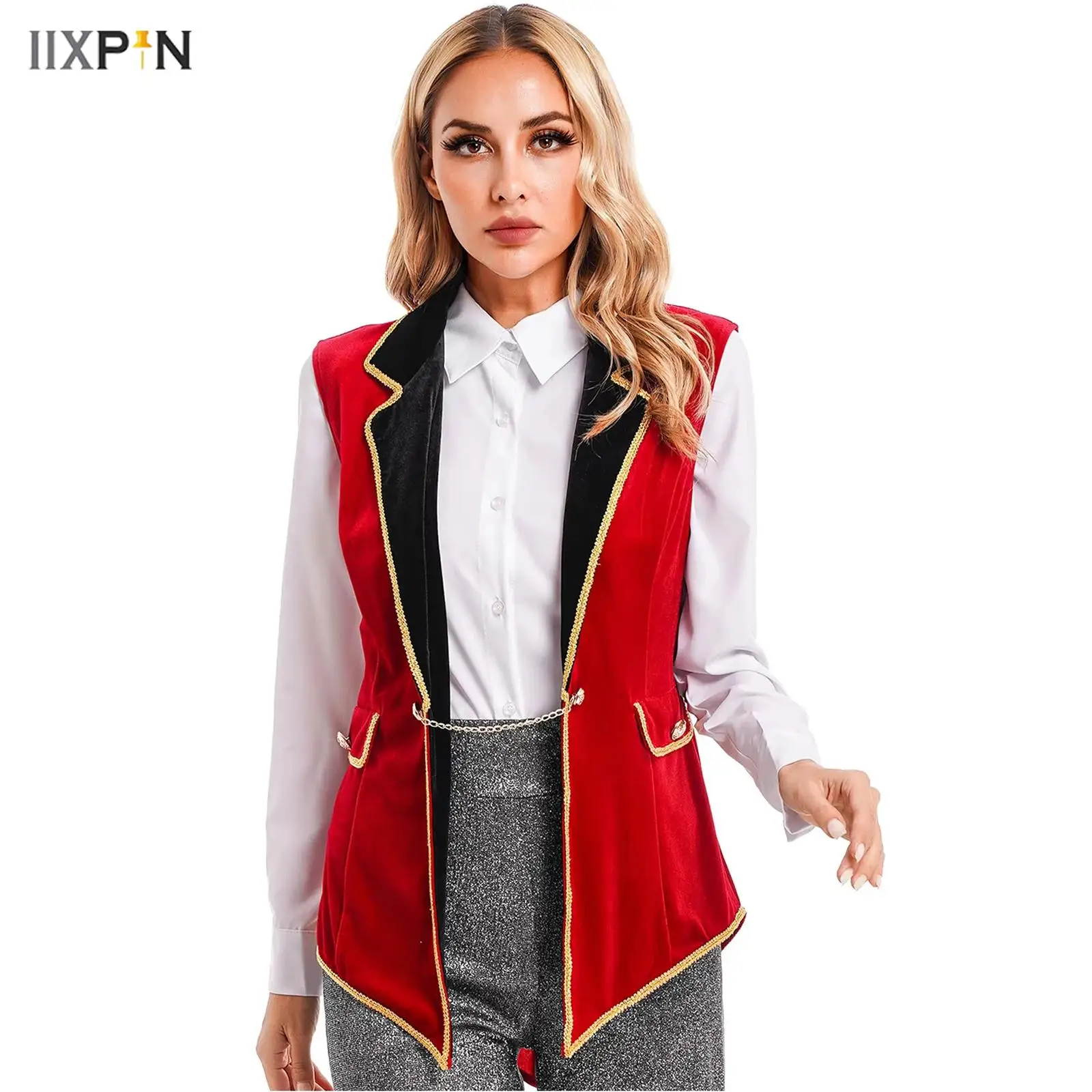 

Womens Circus Ringmaster Tailcoat Halloween Carnival Cosplay Costume Velvet Lapel Sleeveless Jacket for Fancy Dress Ball Blazer