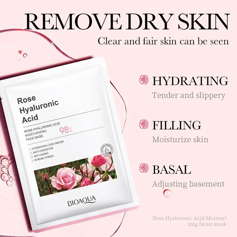 10Pcs Rose Hyaluronic Acid Moisturizing Facial Mask Repair Rough Dryness Deep Moisturizer Nourishing Firming Beauty Skin Care