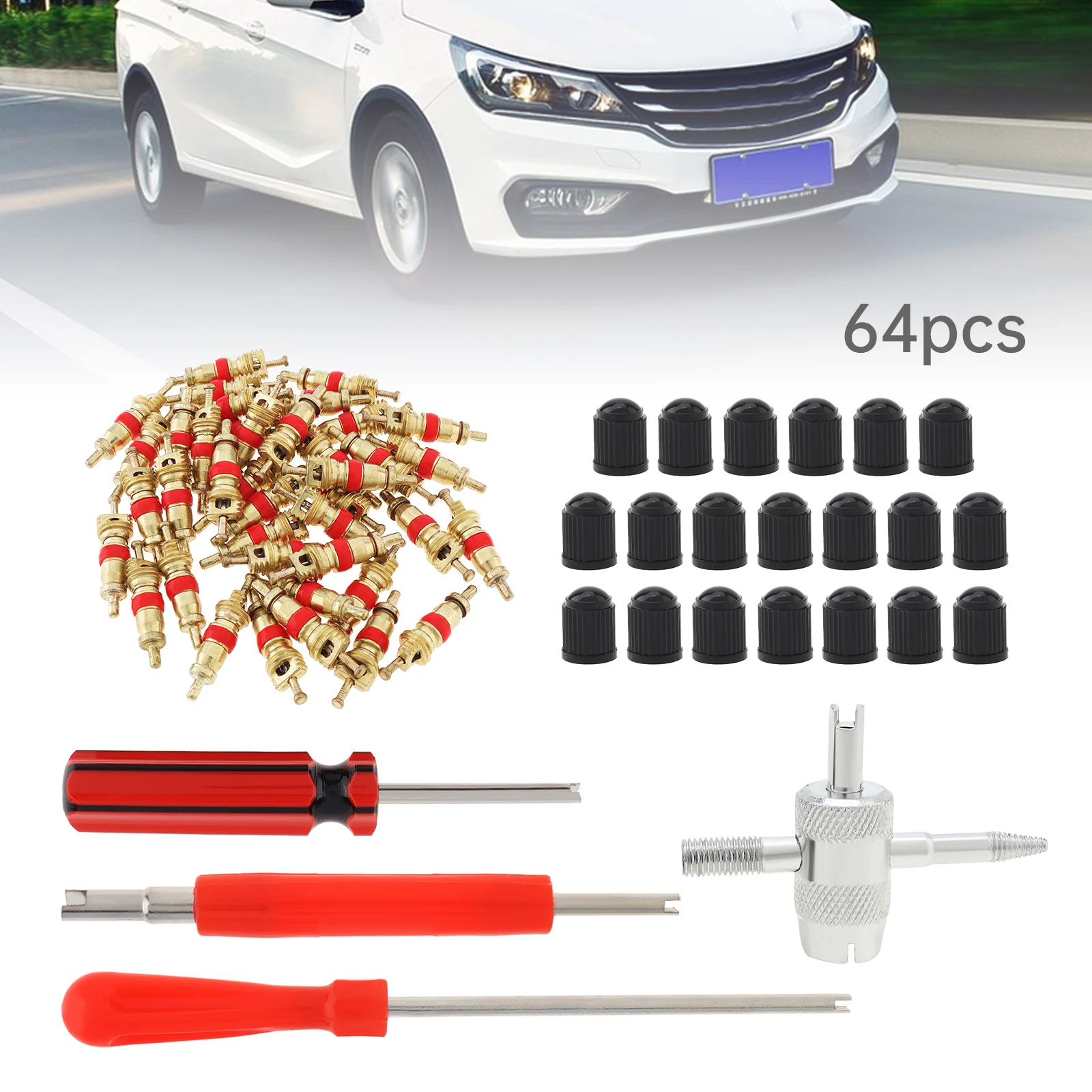 

64pcs Car Tire Repair Tool Disassembly Installation Kit Set Brass Valve Core Stem Cover Cap Vehicle Tyre Valve Core Remover Tool