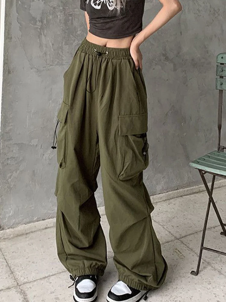 Women Big Pockets Cargo Pants Y2K Harajuku Drawstring Oversized Pants Female Street Style Solid Sweatpants Joggers Trousers