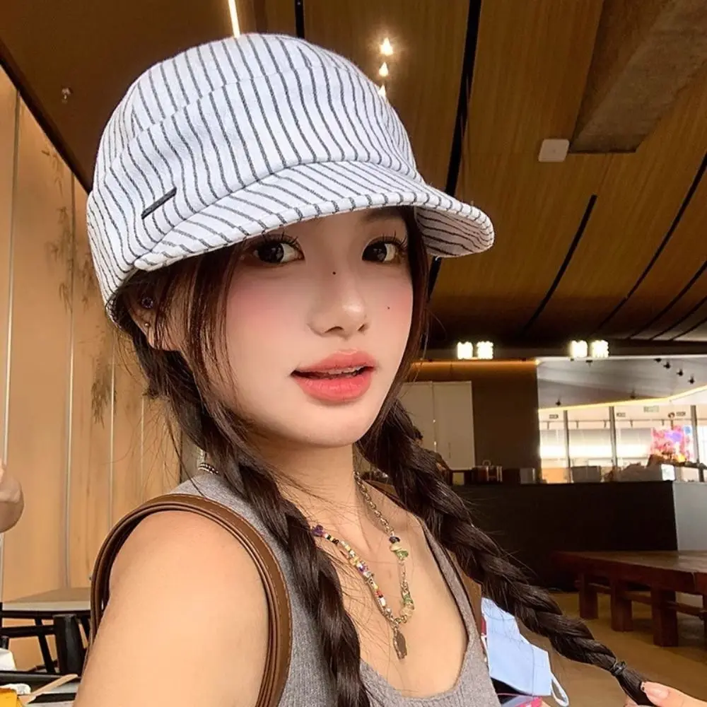 Vintage Korean Striped Peaked Caps Versatile Soft Strip Baseball Cap Casual Classic Newsboy Hats Spring Summer
