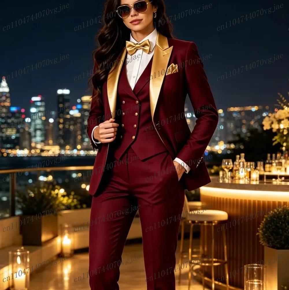 Gold Collar And Burgundy Formal Business Women Suit Wedding Party Prom Ladies Mother Girl Tuxedos 3 Piece Set Blazer Vest Pants