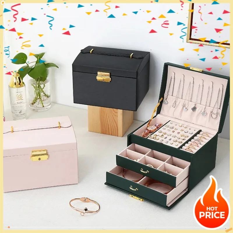 صندوق مجوهرات ثلاثي الطبقات بقوس قفل جديد، مناسب لجميع أنواع تخزين المجوهرات