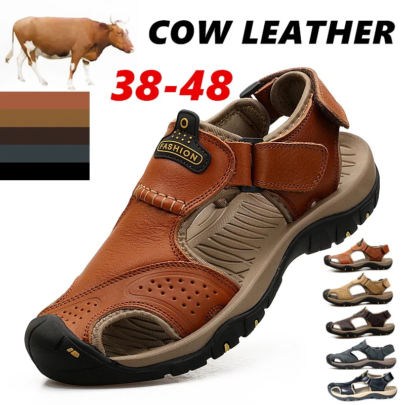 Genuine Cow Leather Sandals Men\'s Summer Casual Shoes First Layer Cow Leather Sandals Bag Toe Beach Sandals Wading Shoes Outdoor