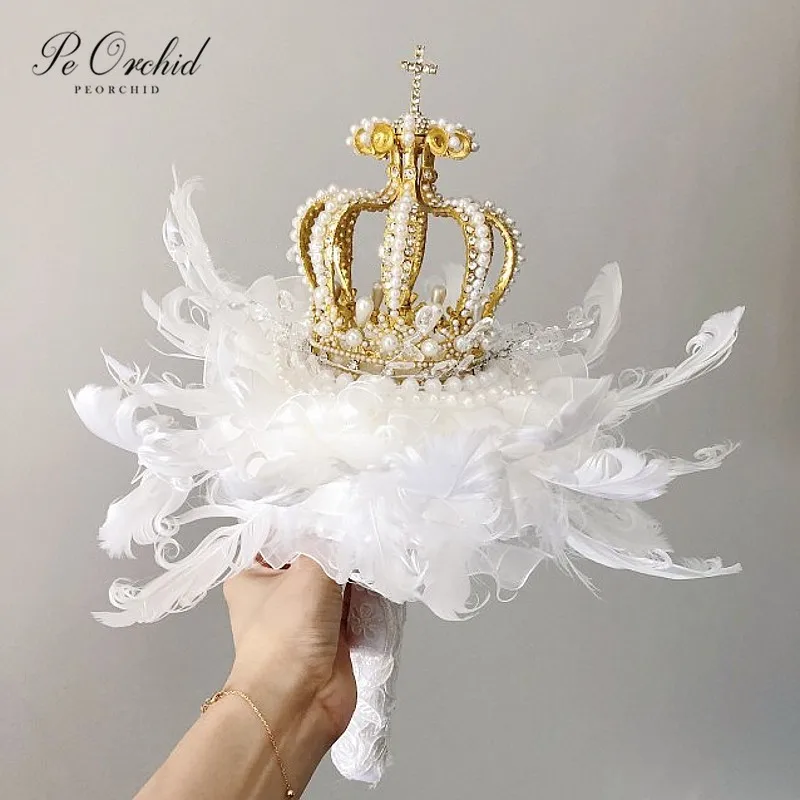 

PEORCHID Gothic Alternative Feather Bouquet Bride Wedding Crown Bouquet Gold White Pearls Lolita Handmade Creative Bouquet