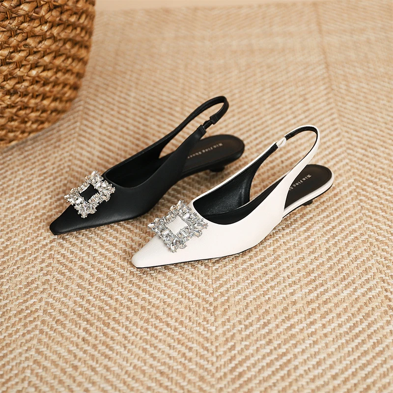 2024 women's transportation shoes elegant new square button rear air flash drill pointed low-heeled sandals