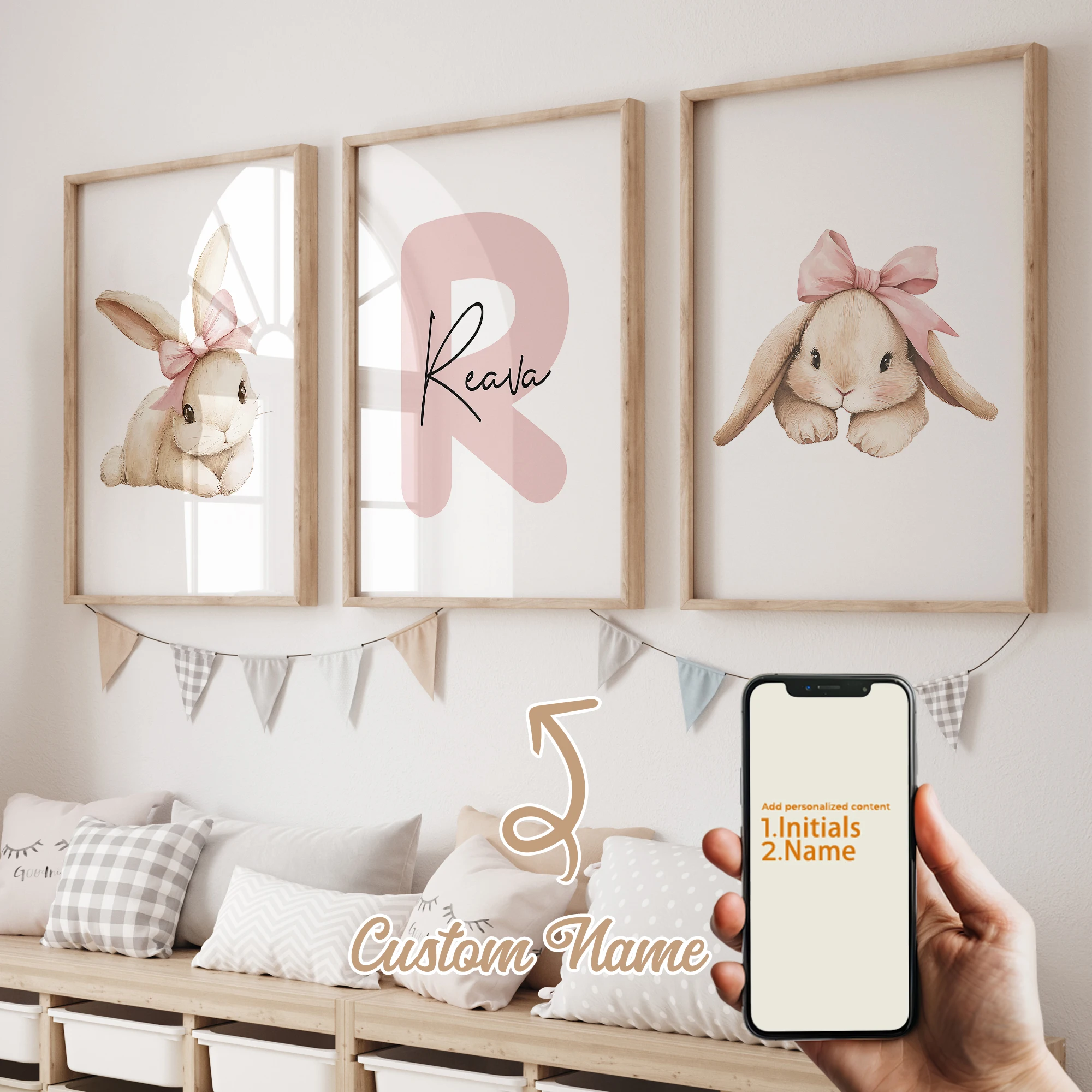 3 Stück personalisierte benutzerdefinierte Cartoon-Kaninchen-Wandkunstdrucke mit Namen, Leinwand-Poster, Gemälde für Wohnzimmer, Heimdekoration