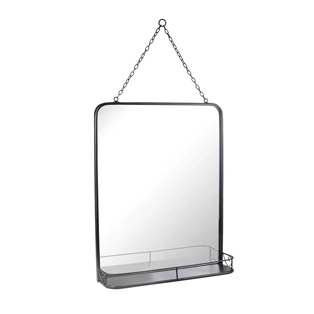 

21"" X 16"" Rec Bla Metal Wall Mirror With Hanging Chain And Shelf, Decorative Industrial Decor For The Living Room, Bedroom,