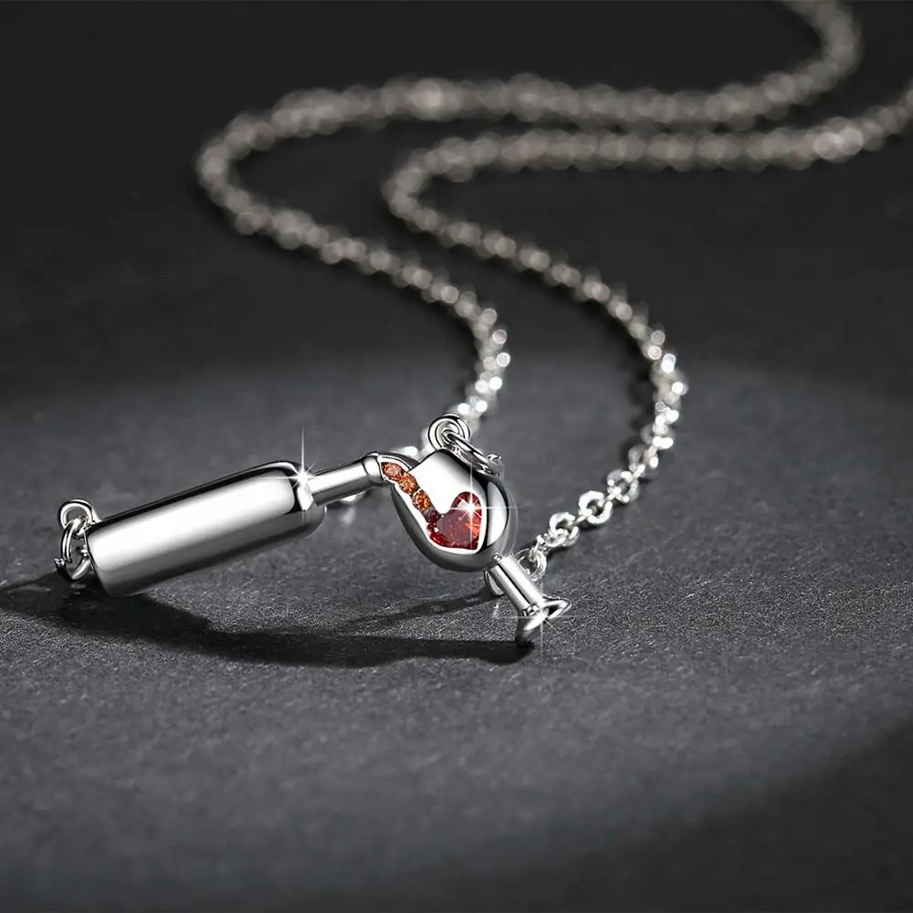 Fashion Romantic Wineglass Rose Gold Silver Color Glass Bottle Red Wine Alloy Jewelry Choker Necklace Pendant