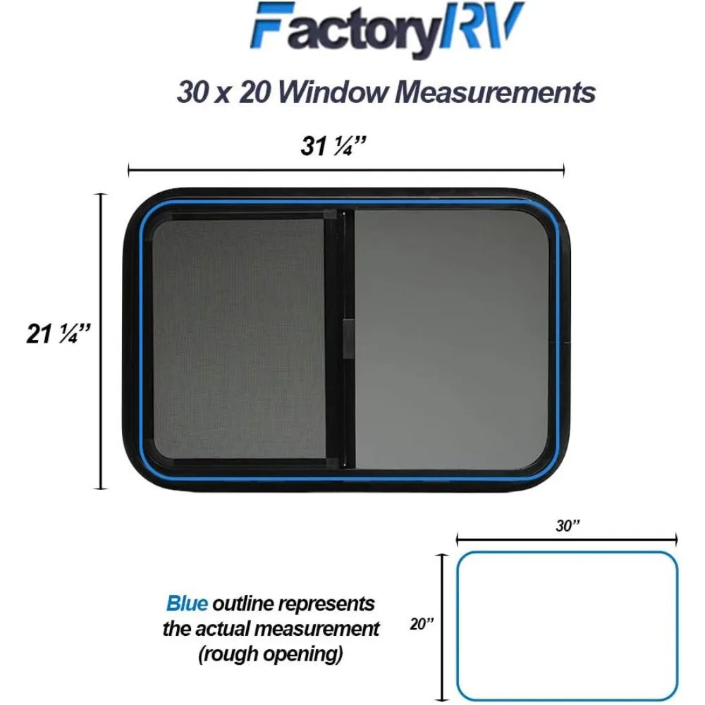 نافذة RV سوداء منزلقة أفقية مقاس 30 × 20 بسمك 1.5، وحلقة تركيب وشاشة سفلية متضمنة