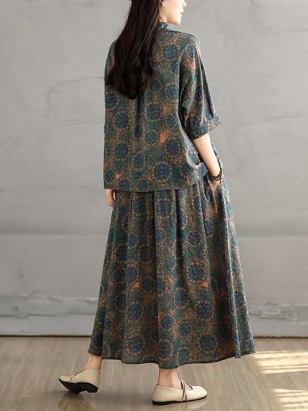 

Летний комплект больших размеров, женская свободная юбка с резинкой на талии и винтажный принт, повседневный длинный свеч Ne