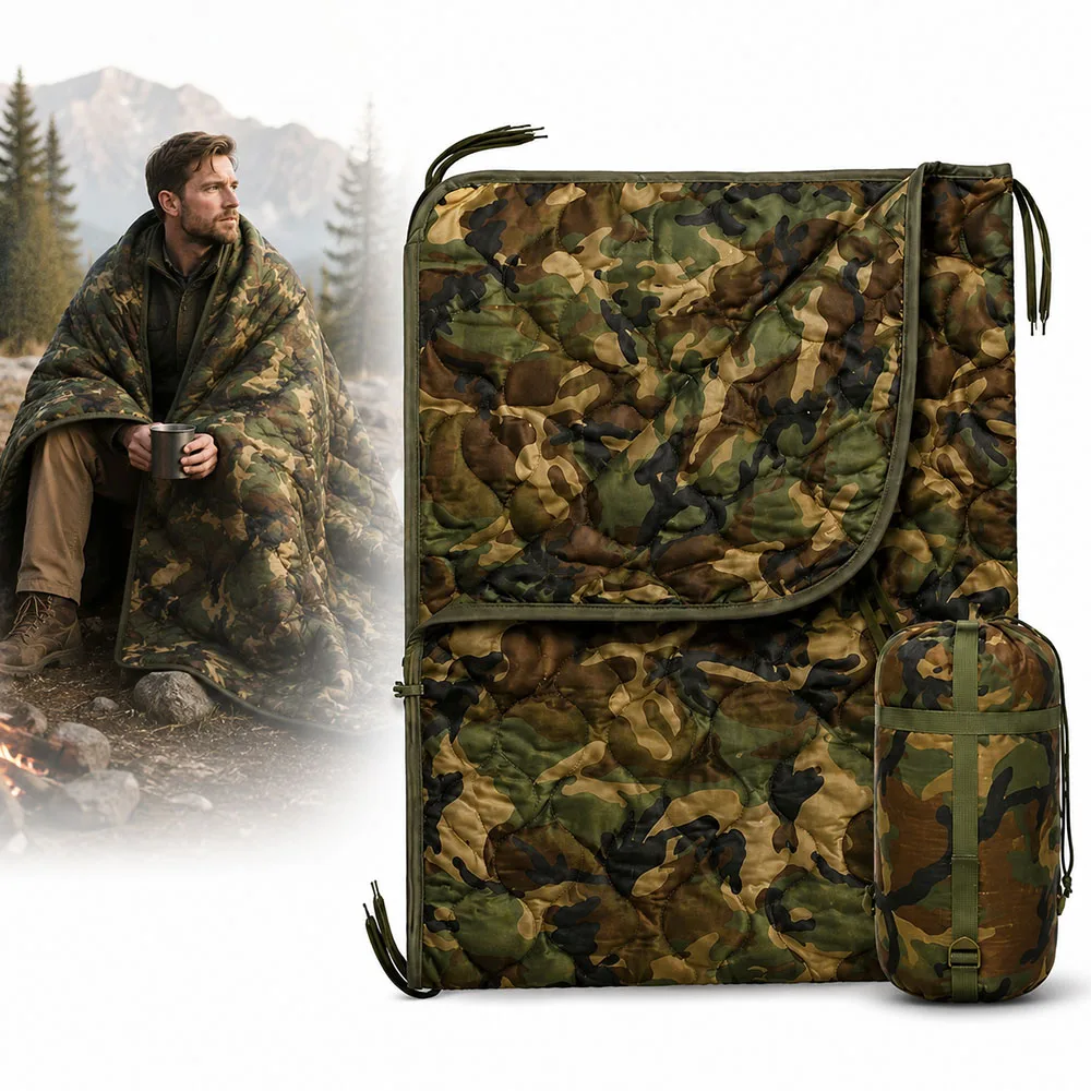 Tactical Camo Camping Blanket with Zipper Convertible Sleeping Bag Lightweight Portable Warm Quilt for Hiking Travel Adventures