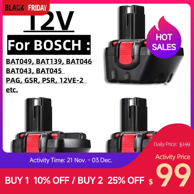 For Bosch 12V screwdriver battery rechargeable, 12V, 4800mAh, PSR, BAT043, BAT045, BAT046, BAT049, 2607335273, 2607335274