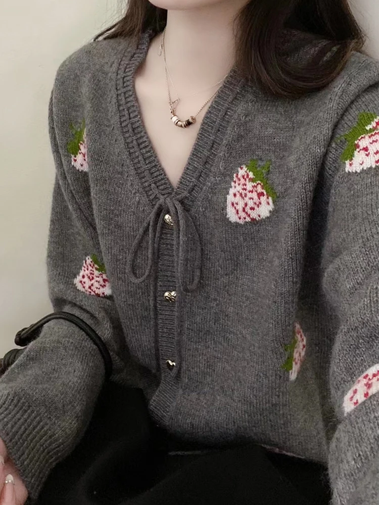 Zoki Strawberry Print Women Cardigan Sweaters Sweet Vintage Knitted Coat Casual V Neck Elegant Long Sleeve Female Lace Up Tops