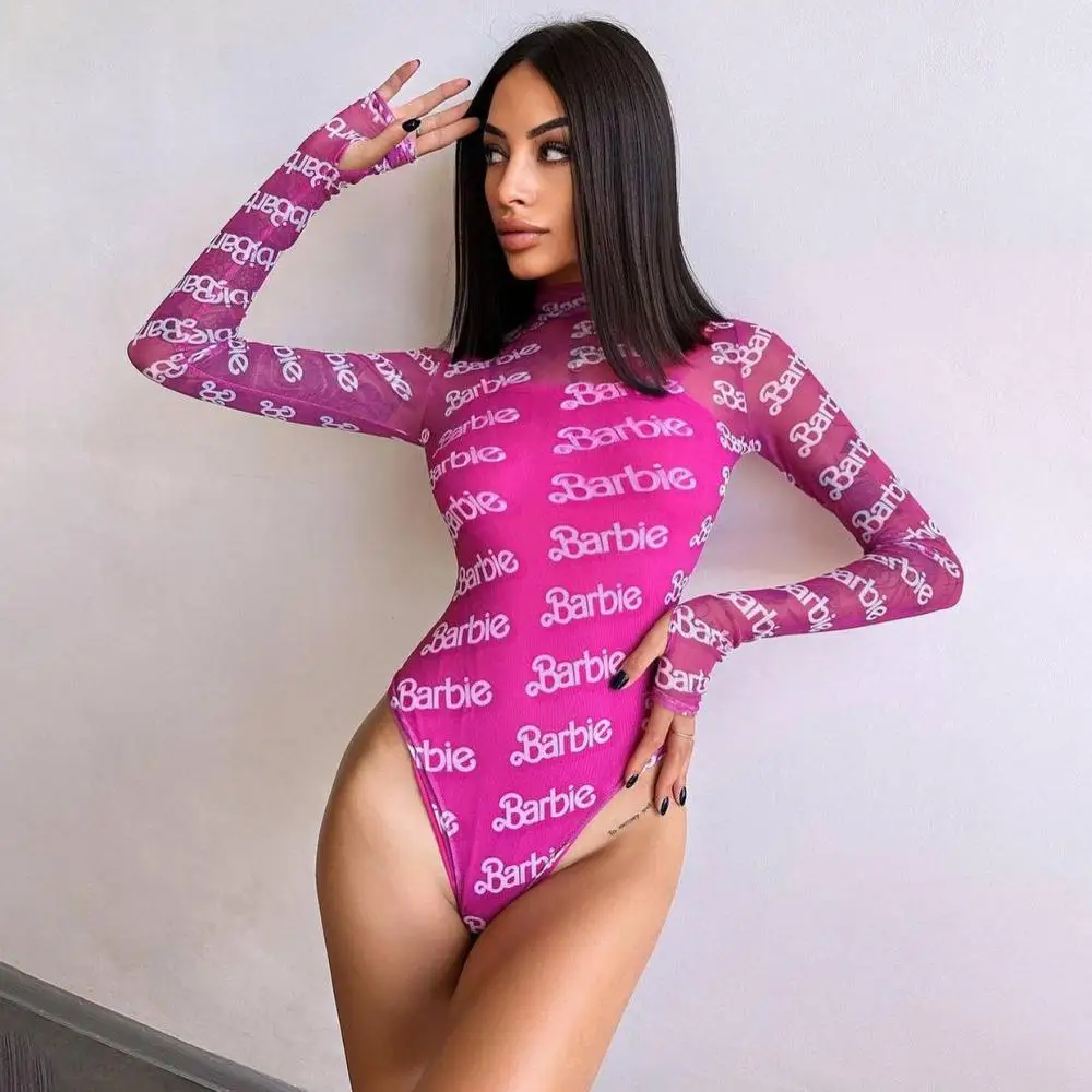 Barbie Sexy Women Bodysuit Long Sleeve Letter Print 1-Piece Leotard Tops Slim Fit Jumpsuit European American Spicy Girls Clothes