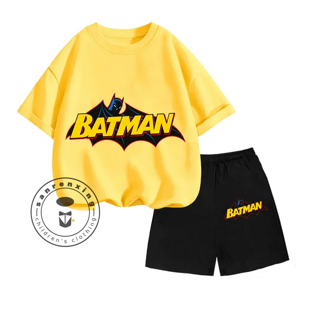 DC Comics Batman Animated Cartoon Character Print Design O-neck Vintage Short Sleeve and Shorts Children Summer Two-piece Set