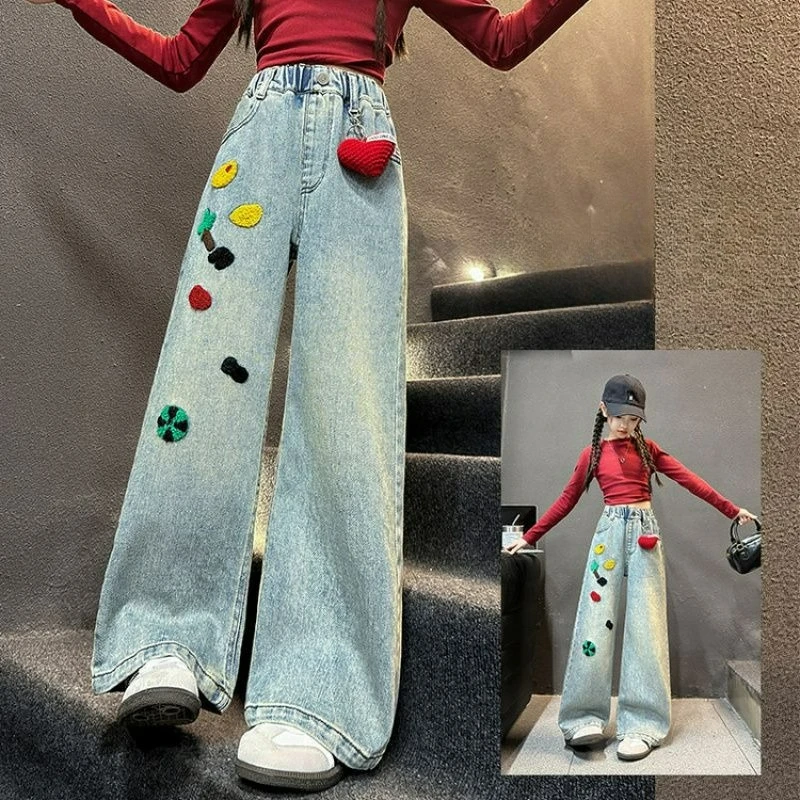 Girls' Denim Jeans with Heart-shaped Pendant Embroidered Jeans Children Casual and Versatile Street Style Wide-leg Pants