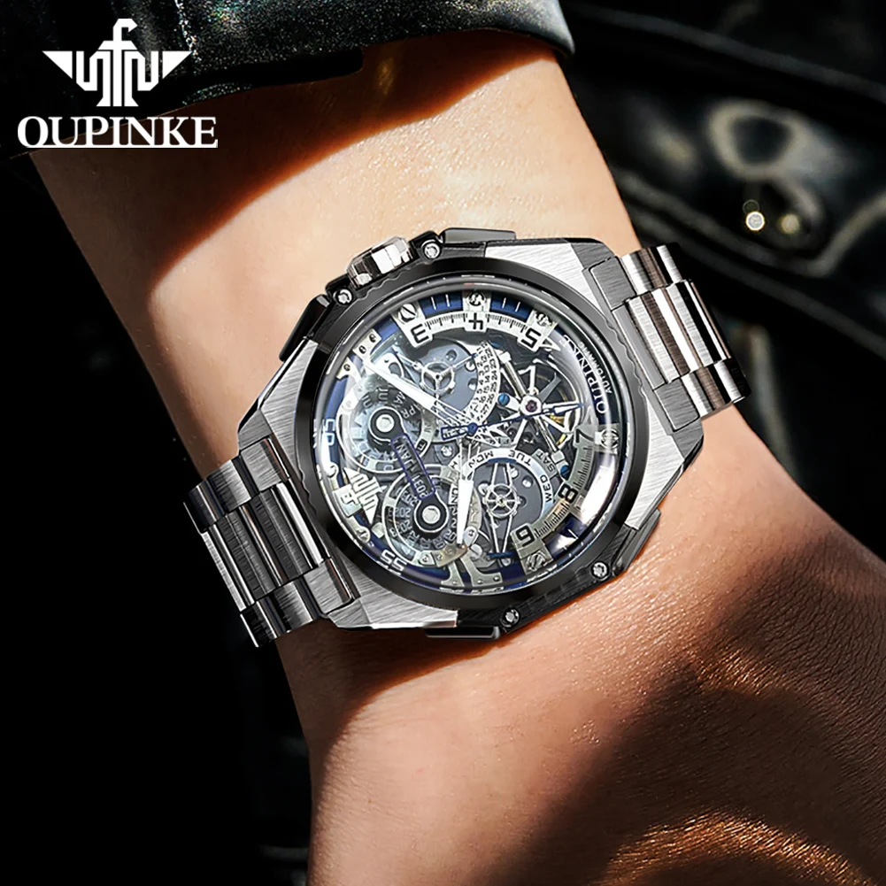 OUPINKE 3266 Hollow Mechanical Watch for Men Dual Calendar Display High-Quality Tungsten steel Waterproof Original Men Watch