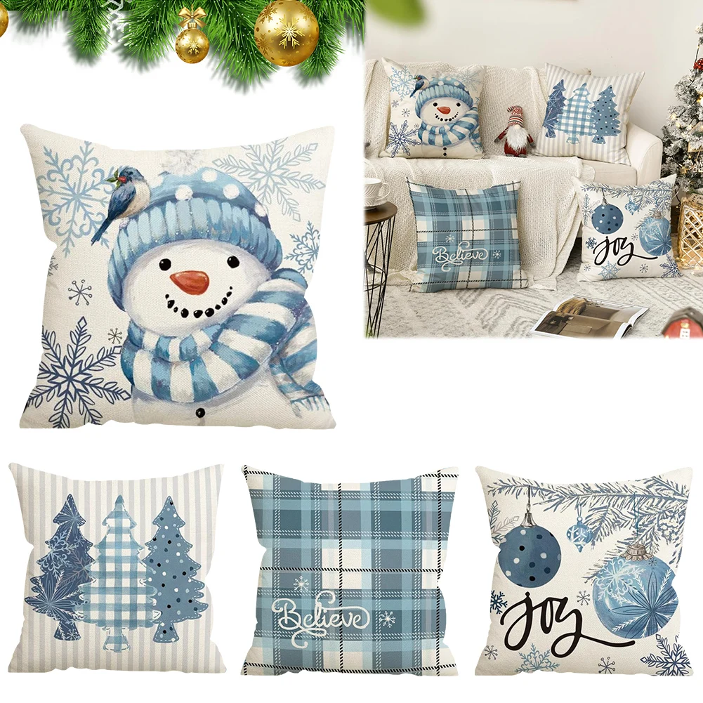 4 PCS Linen Christmas Pillow Cases Xmas Tree Holiday Buffalo Plaid Throw Pillow Covers Cushion Cover Decoration for Sofa Couch