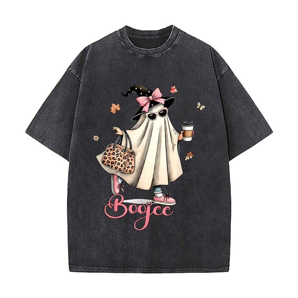 Boojee Halloween Ghost Leopard Bag Coffee Vintage Distressed Loose Streetwear Tops for Campus Days