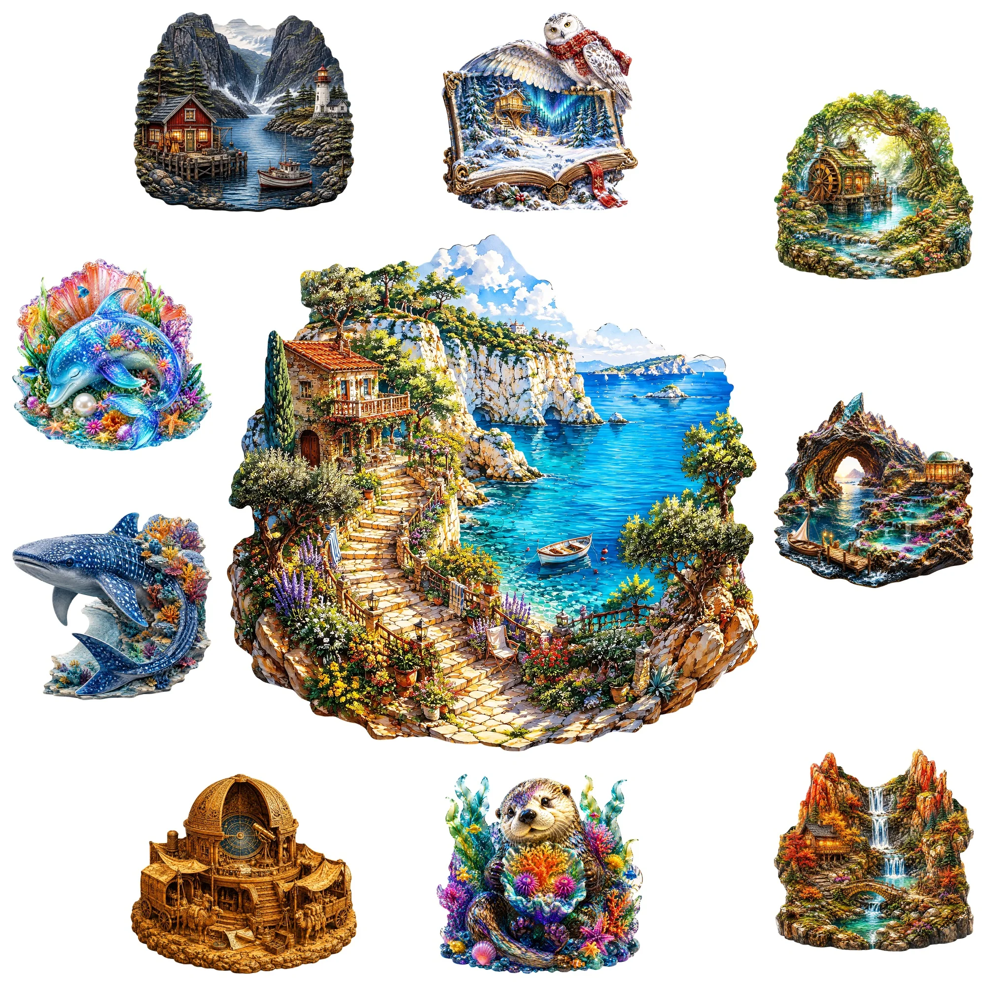 Coastal Town Flat Wooden Puzzle Brain Teaser Animal Jigsaw Puzzle Unique Gift for Any Occasion Idear Gift for Kids Teens