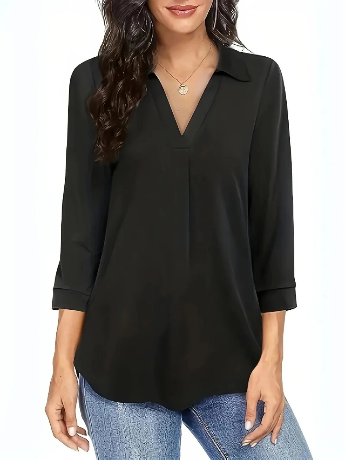 

Loose V-ne Seven Quarter Sve irt Women's Casual Polyester irt Tee-quarter Length Regular Fit Pure Color Spring