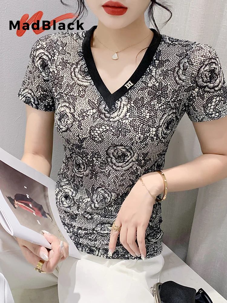 MadBlack-Women's European T-Shirt, Sexy V Neck Geometry Print, Clubwear Short Sleeve Slim M-3XL Mesh Tee, 2026 Summer T62305CC