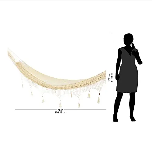 

Triple Handwoven Ivory Nylon Hammock With Fringe Tassels, 78 In Length, Shabby Chic Mayan Style