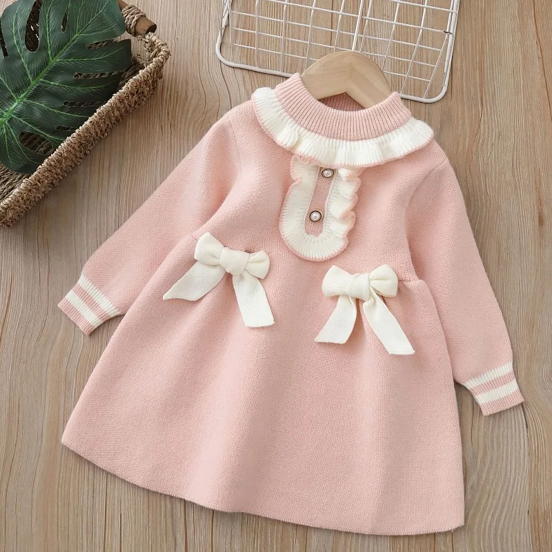 

1-5Y Kids Girls Clothes 2025 Knitted Baby Girl Dress Bow and Ruffled Collar with Pearl Buttons Cute Casual Party Knit Kid Outfit